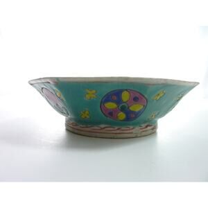Vintage Chinese Octagonal Bowl Turquoise Blue Porcelain 8 Sided Chinoiserie 6"